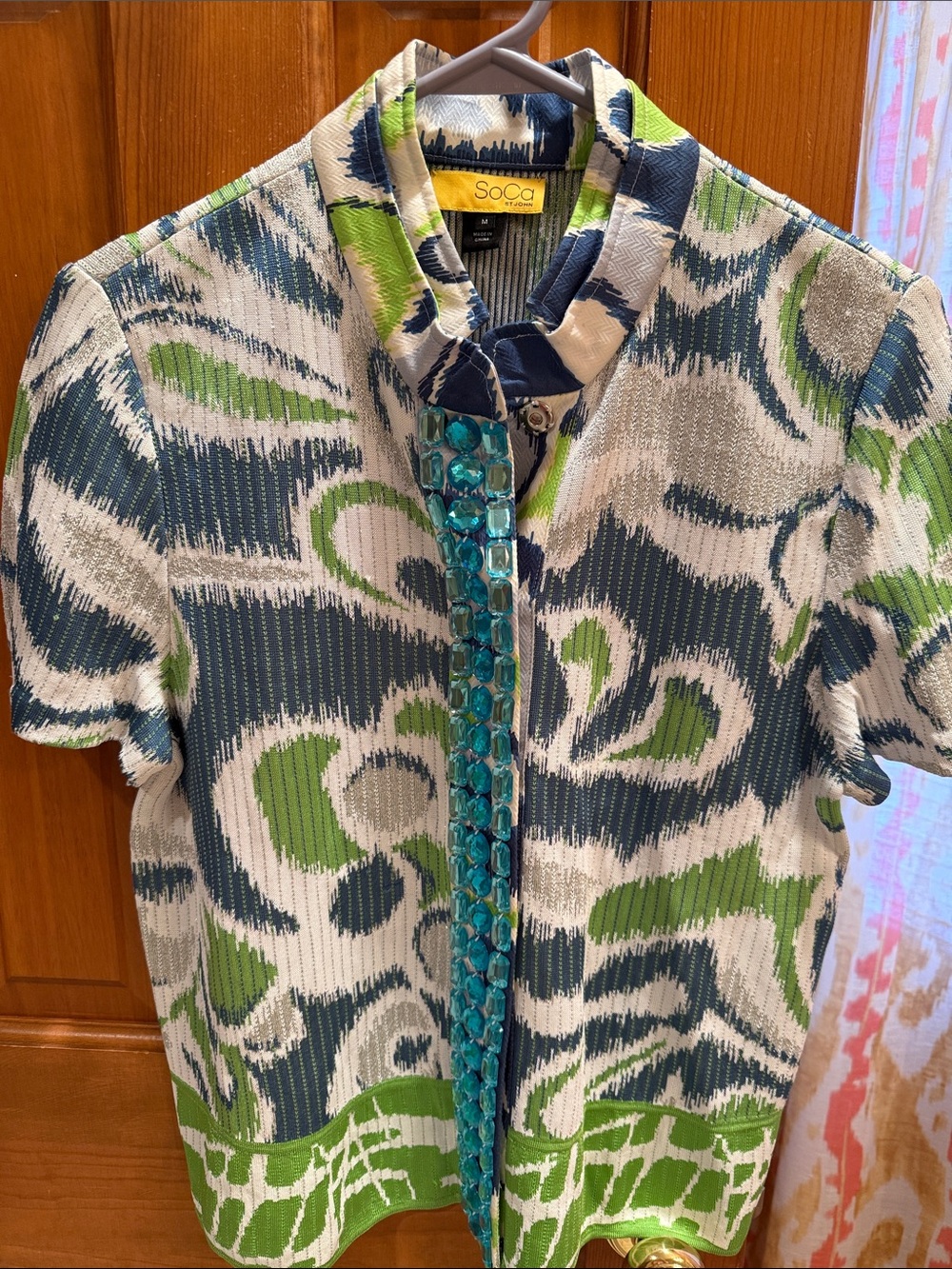 St. John SoCa Abstract Print Top in Teal & Lime